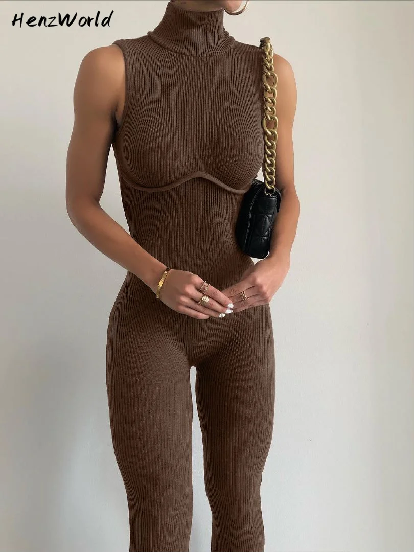 

HenzWorld Knitted Sexy Backless Cut Out Elegant Bodycon Jumpsuits for Women Club Party Rompers Sleeveless One Piece Overalls