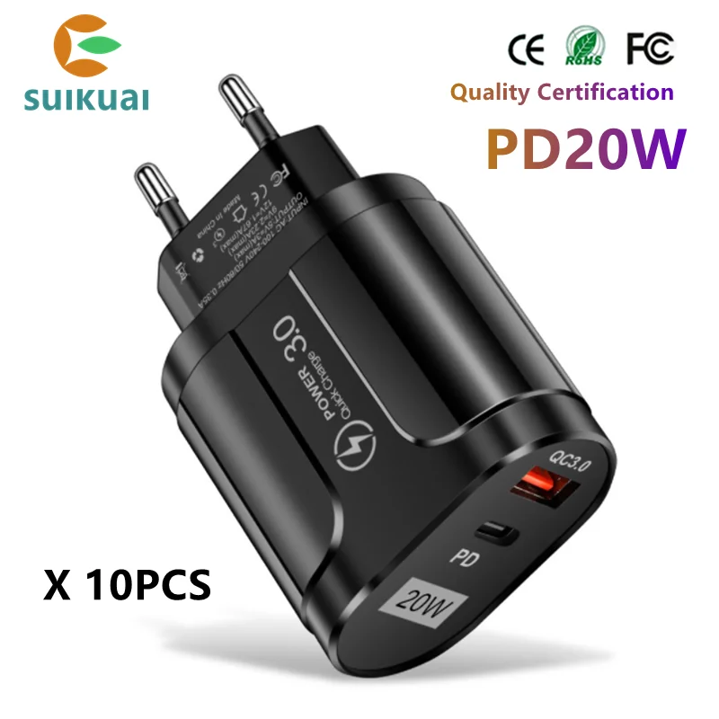 

10pcs SuiKuai PD 20W USB QC3.0 Type C Fast Charger Adapter Phone Charge For iPhone 13 12 11 Pro Max X 7 AirPods iPad Xiaomi POCO