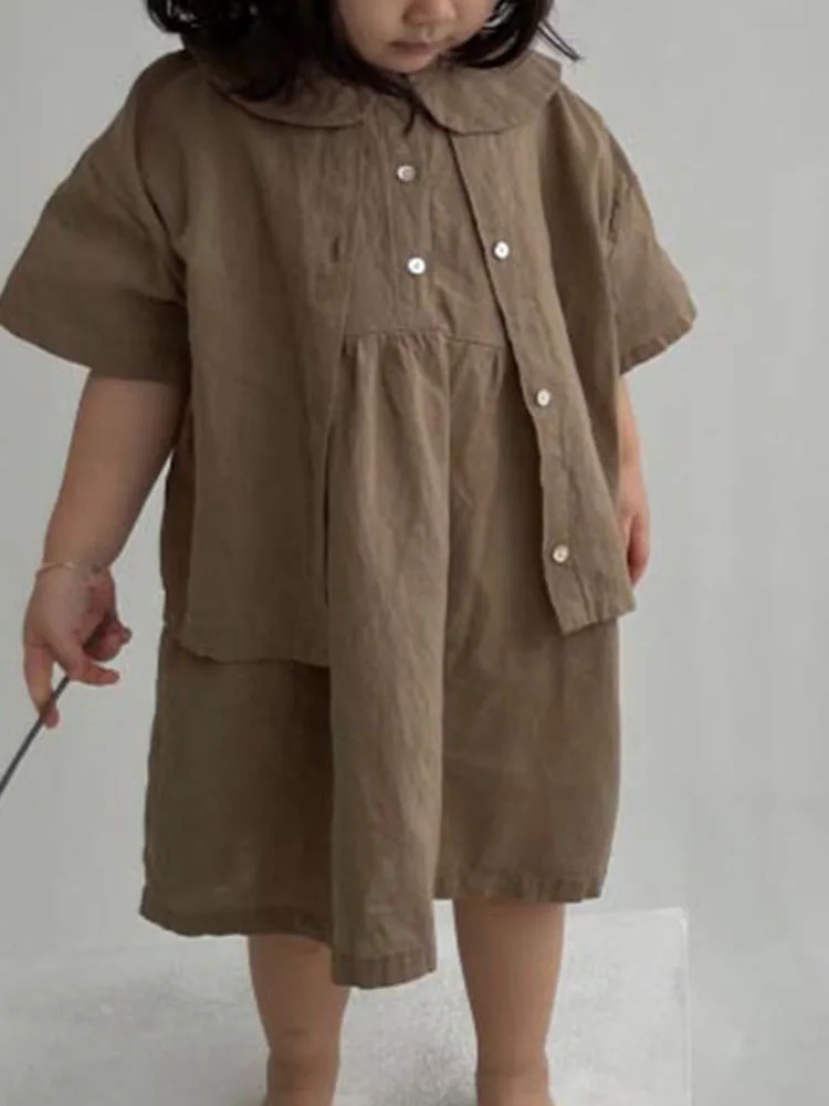 

Children's Summer Clothes New Girl Baby Japanese and Korean Fashion Imitation Cotton and Linen Round Lapel Short-sleeved Dress