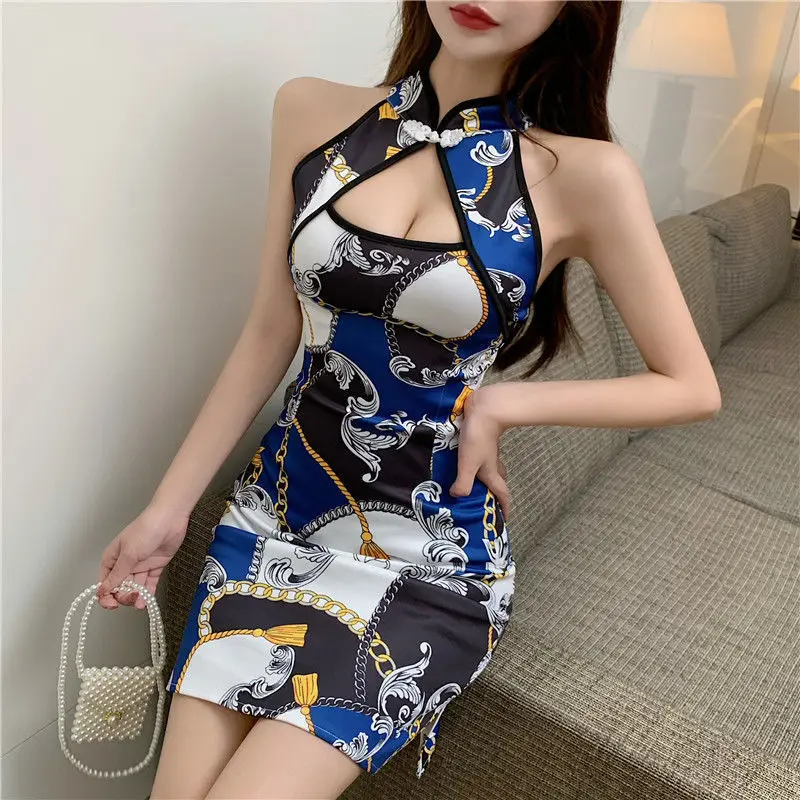 

Chinese Qipao Classic Print Hip Skirt Women's Slim Sleeveless Dress Oriental Bride Wedding Hollow Up Dresses Evening Party Gown