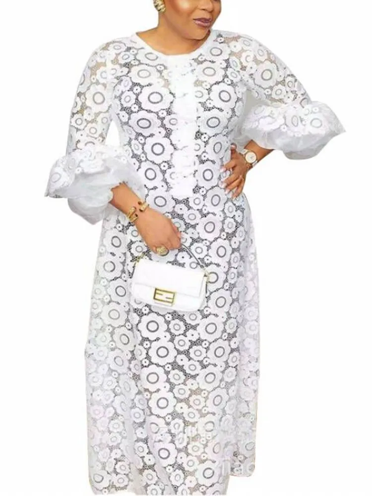 

Plus Size Maxi Dress Women Ruffle Sleeve Lace Hollow Out Robes 2022 Summer New Fashion Sexy Loose Straight Long Dress Ropa Mujer