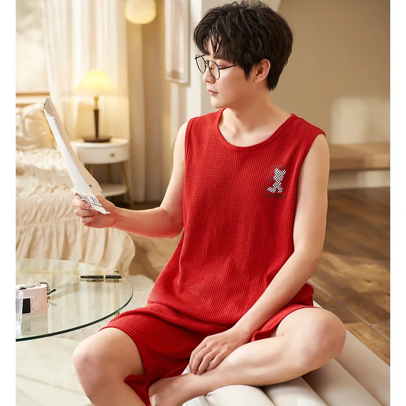 Hot Summer Style New Men Pajama Sets Cotton Breathable Soft Home Lounge Causual Sleevess Shirt Male Sleepwear