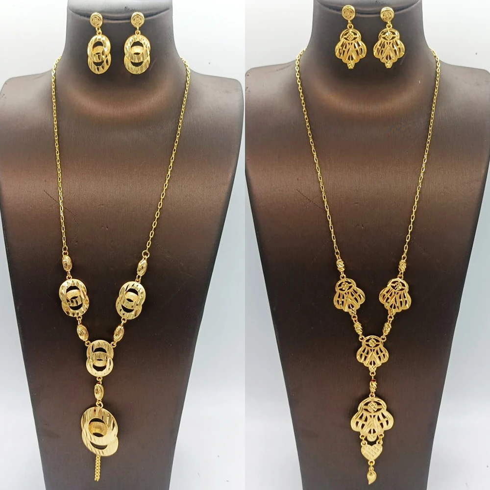 

Long Chain Set for Women 18k Gold Color Copper Necklace Earrings For Women Dubai Nigeria Party Wedding Gift Jewelry Accessory