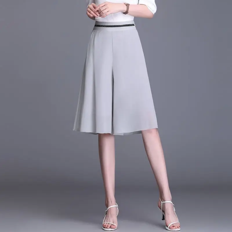 Elastic High Waist Slim Elegant Chiffon Capris Female Shorts Skirts Women Summer Wide Leg Medium Long Leisure Loose Trousers W41
