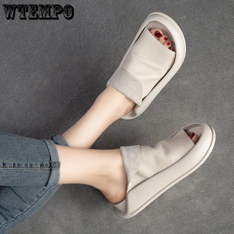 

Шлепанцы WTEMPO женские летние кожаные, повседневная обувь, пикантные модные тапочки, мягкая толстая платформа, с открытым носком, оптовая продажа