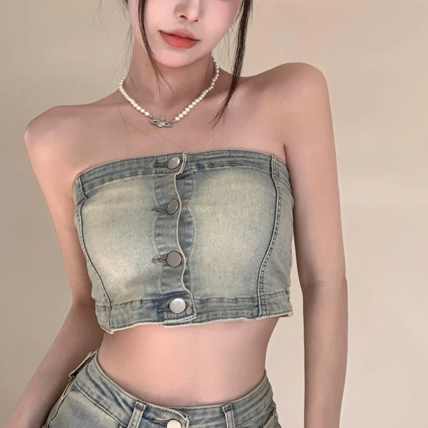 

Spice Girls Cowboy Sexy Tube Top Vest Summer One Shoulder Backless Button New Crop Tops Strapless Ultra Short Tanks Tops Women