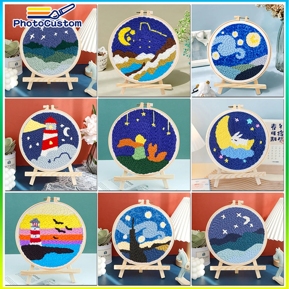 

PhotoCustom Punch Needle Starry Sky Landscape Kit Circle Hooking Beginner Set Embroidery Pen Hoop For Kids Adults Diy Craft Gift