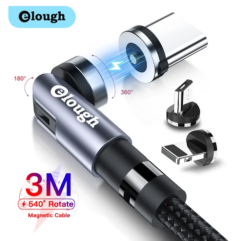 Магнитный кабель Elough с поворотом на 540 градусов, кабель Micro USB Type-C, магнитное зарядное устройство для быстрой зарядки iPhone 13, 12, Xiaomi, Samsung, шнур