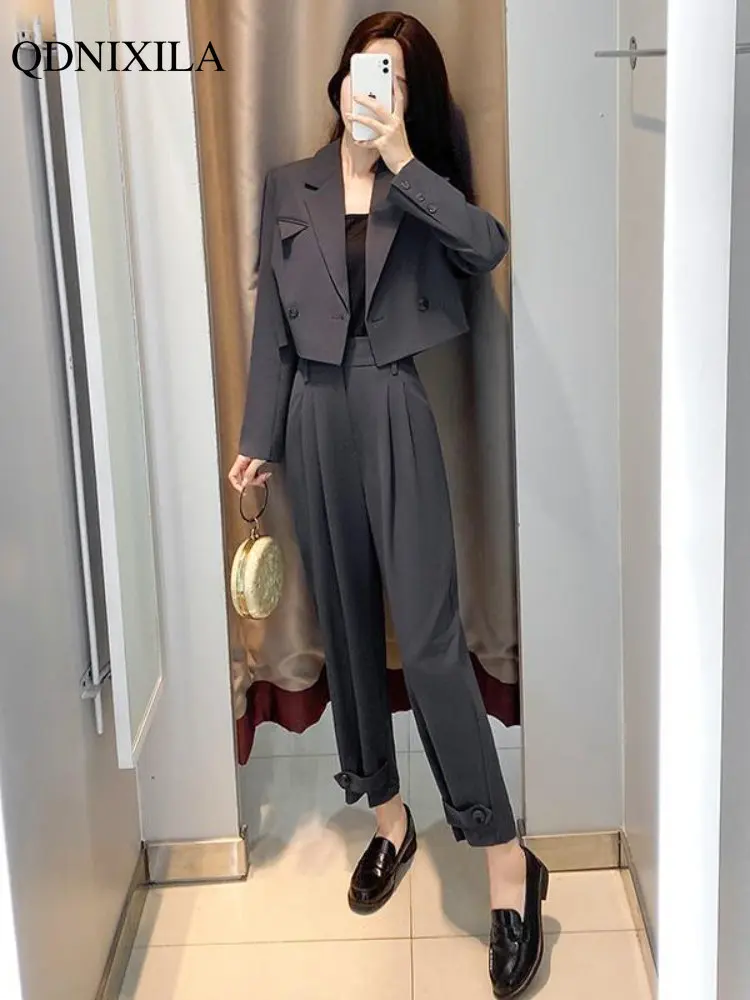 2023 Spring New Casual Fashion Blazer 2 Pieces Luxury Elegant Temperament Short Jacket and Trousers Plus Size Matching Sets