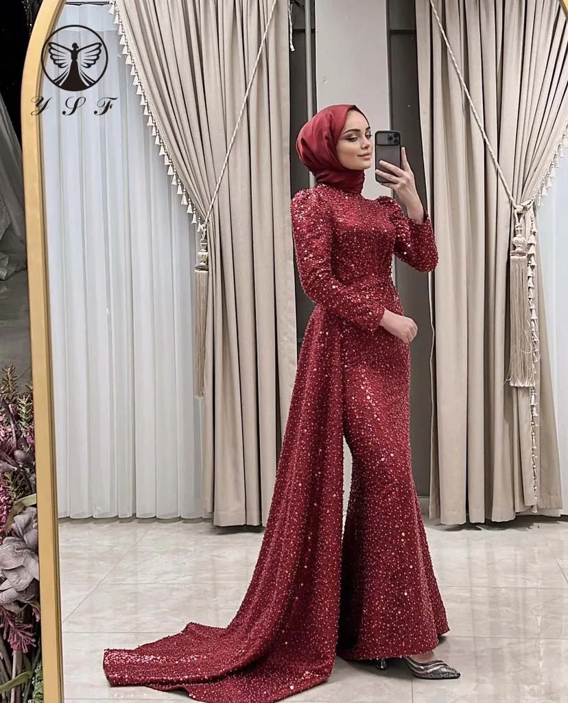 

2023 Muslim Evening Dress High Collar Beaded Lace Long Sleeve Burgundy Vestidos De Fiesta with Overskirt