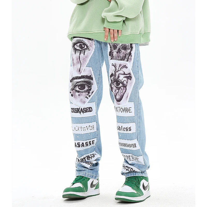 

Frayed Painted Skull Eyes Graffiti Patchwork Blue Black Couple Jeans Pants Straight Streetwear Baggy Casual Denim Men Trousers