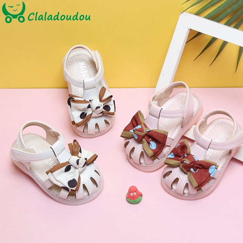 

12-15.5cm Baby Summer First Walkers Cute Bowtie-knot Little Princess Sandals Closed Toe Strap Soft Sole Dress Shoes For Babies