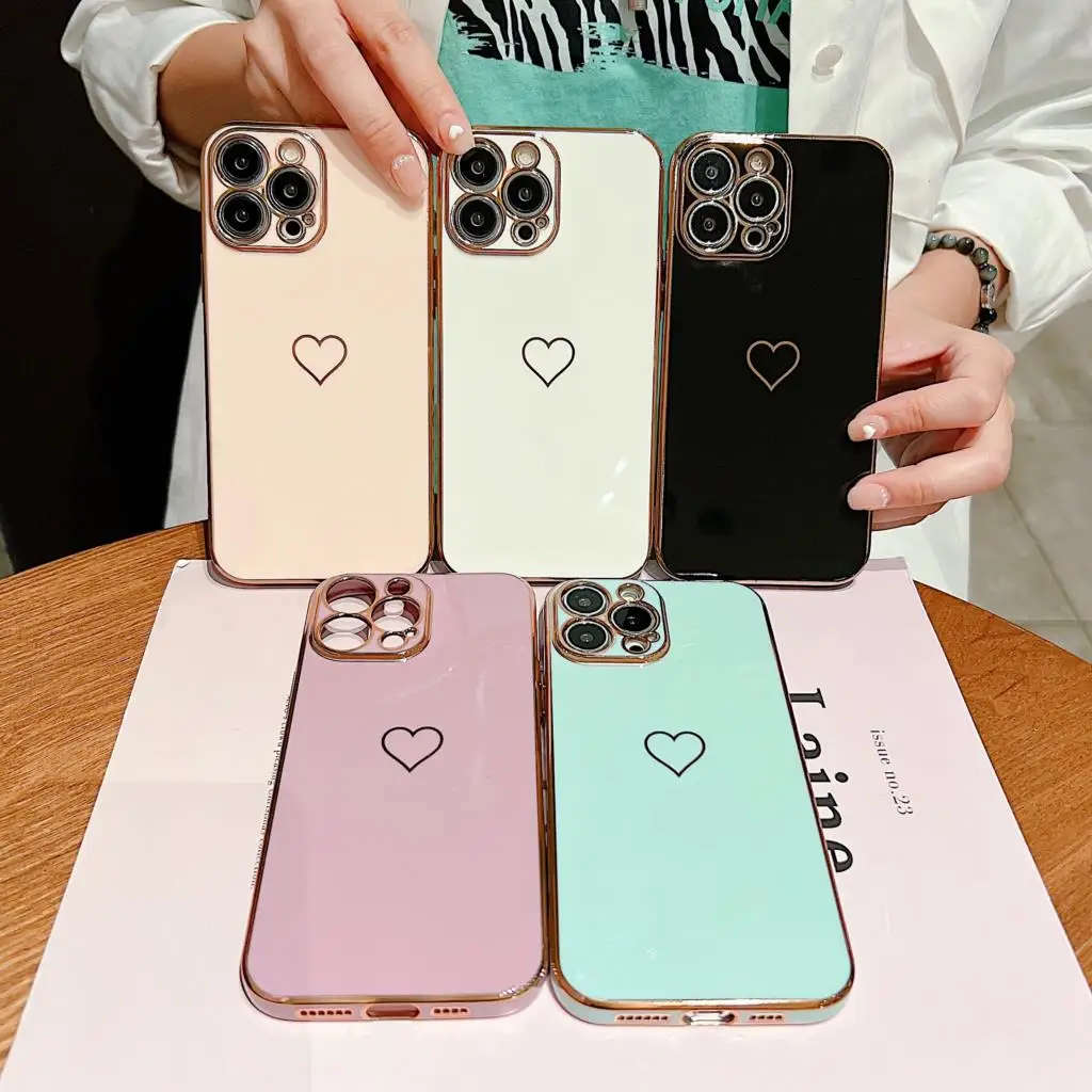 

For iPhone 14 13 12 11 Pro Max 14 Plus Phone Case Electroplated TPU Loving Heart Soft Case Shock Absorption And Anti-fall