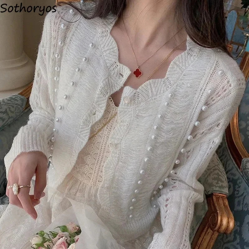 

Женский однобортный Кардиган с жемчужинами, яркий Элегантный стильный кардиган с искусственным жемчугом в стиле ретро
