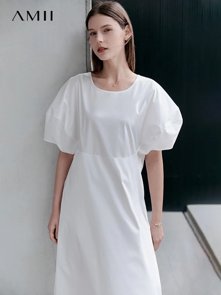 

AMII Minimalism 2023 Summer New Belt Dress for Women Lantern Sleeve Senior Sense Solid Niche Loose Office Lady Dresses 12352009