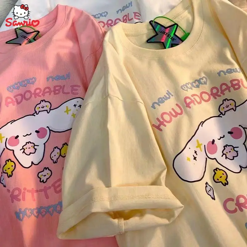 

Kawaii Sanrio Cinnamoroll новые летние хлопковые детские топы с коротким рукавом аниме серия свободная облегающая тонкая футболка с принтом