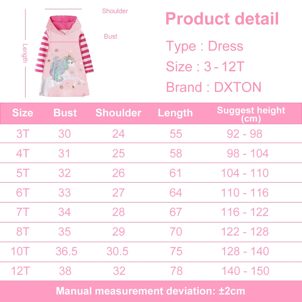 DXTON Girl Cotton Straight Dresses Kids Licorne Vestidos Girls Autumn Winter Long Sleeve Casual Dress Kids Hoody Striped Dresses