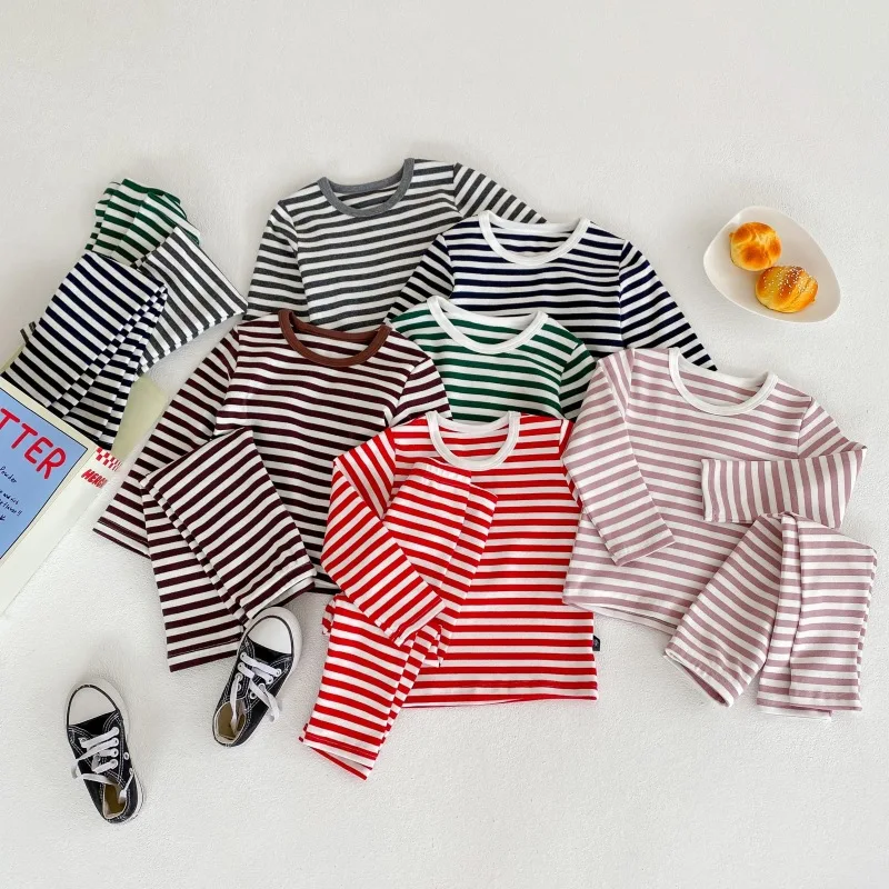 Купи 2022 Spring Autumn New Baby Boys Pajamas For Girls Sleepwear Striped Long-Sleeved Suits Children Clothes Outfits 1-8 Years Old за 712 рублей в магазине AliExpress