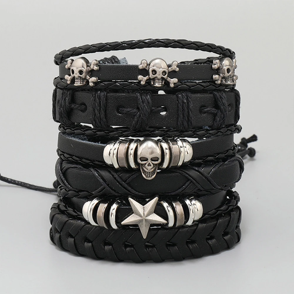 

2023 New Punk Trend Vintage Woven Skull Bracelets Set Fashion Leather Bracelet Jewelry Gift