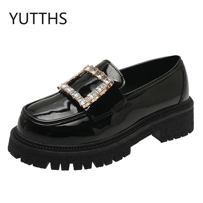 

Square Buckle Rhinestone Shoes Women New Patent Leather Round Toe Mary Jane Shoes Slip-On Sweet Casual Platform Zapatos Mujer PU