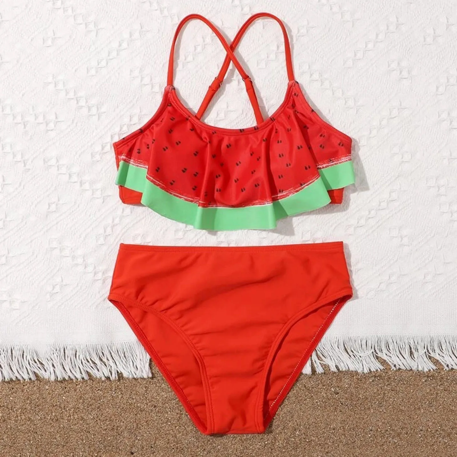 

8-14Y Girls Summer Swimwear 2022 Cute Crisscross Small Watermelon Printing Ruffles Two Piece Swimsuit Girls Vacation Beach Wears