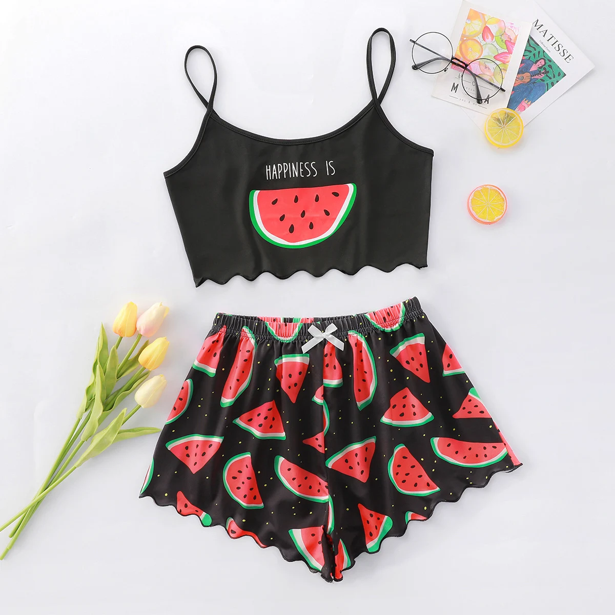 Letter & Watermelon Print Suspender Top and Bow Decorative Shorts PJ Home Suit