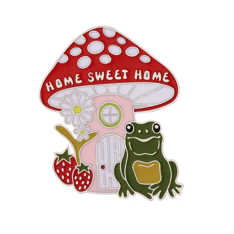 

Mushroom and Frog Enamel Pins Home Sweet Home Strawberry Daisy Mushroom House Brooch Lapel Badges Cute Jewelry Gift Wholesale