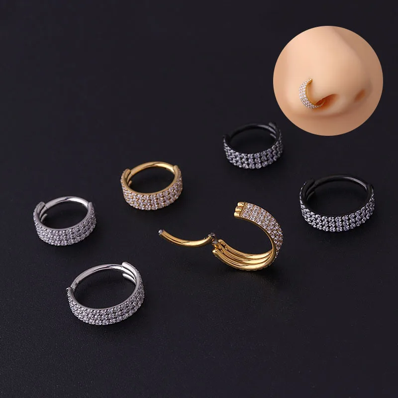 

New Design 16g Stainless Steel 3 Rows Cz Hoop Nose Ring Fake Septum Piercing Hinged Segment Clicker Nose Piercing Jewelry