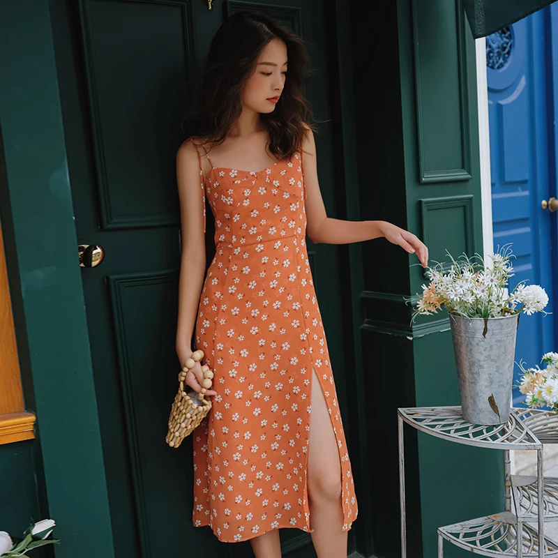 

Chiffon Floral Printing Women's Sexy Dress Summer Bohemia Elegant Korean Style High Waist Slim Fit Female Clothing Sleeveless