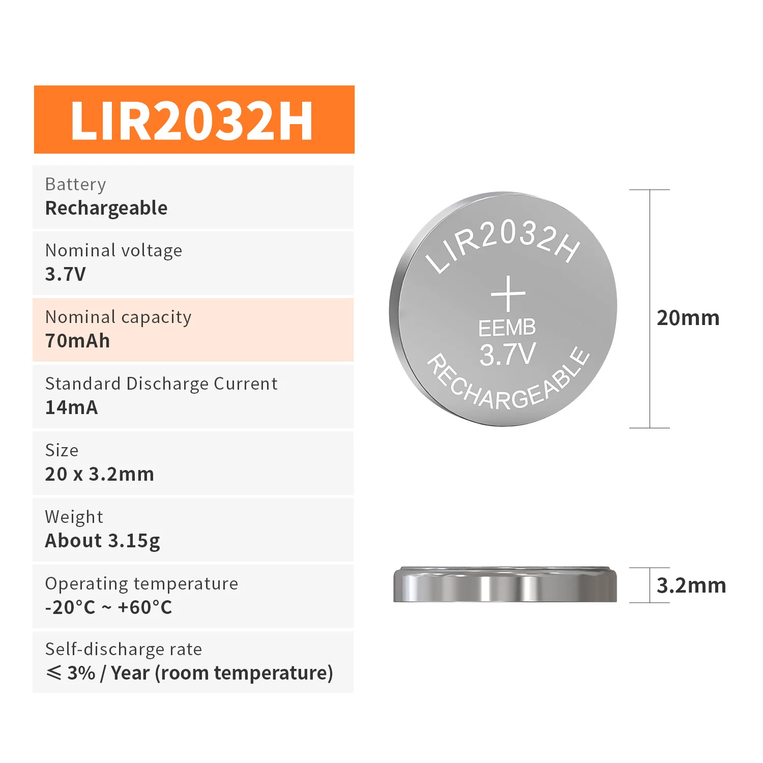 Фото EEMB Lir2032H 70 мАч, перезаряжаемая литиевая батарея большой емкости, Кнопочная батарея с зарядным устройством LIR2032 H 3,7 в для фотографий №2