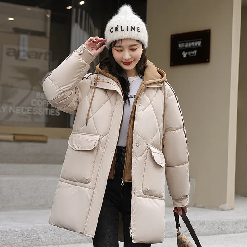 

Новинка Зима 2023 утепленное Корейская версия толстые мм контрастное пальто с капюшоном из двух частей свободное большое пуховое хлопковое пальто дышащее хлопковое пальто