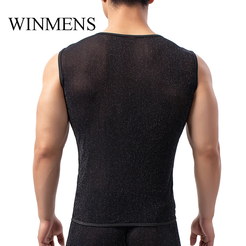 Men's Transparent Tank Tops Gold Dots Mesh Sleeveless Undershirts Gay Fitness O-neck See Inner Vest Sheer Bodybuilding Singlets