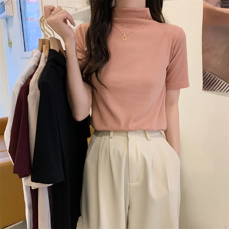 

harajuku Basic 95% Cotton T Shirt Women 2022 Summer half turtleneck Solid Tees Casual slim Tshirt Korean Female pink black Tops