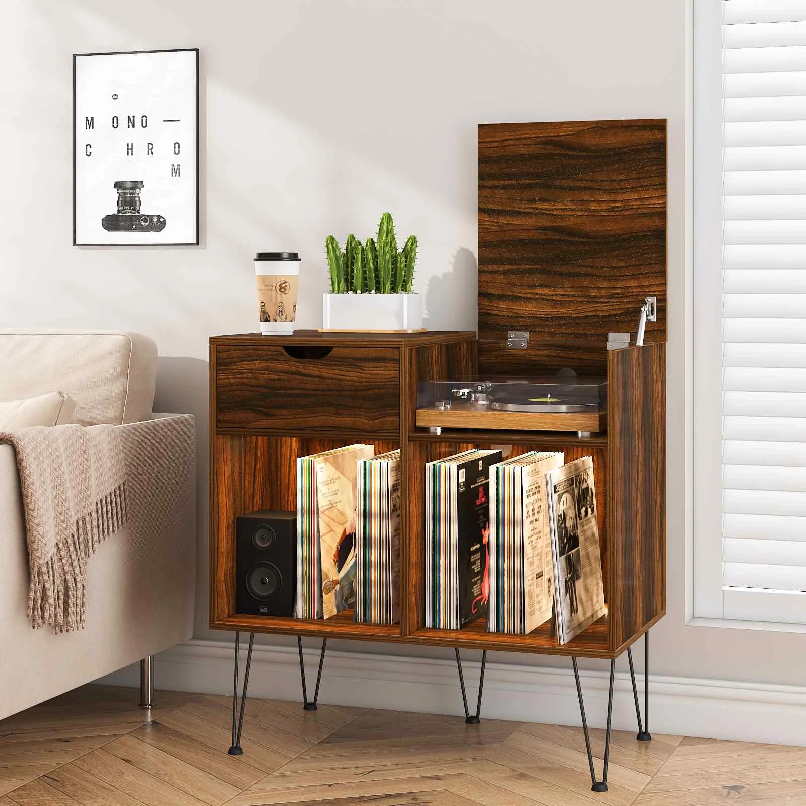 

Record Player Stand with LED Lights Record Storage Stand Vinyl LED with Metal Hairpin Legs Record Player Table for Living Room