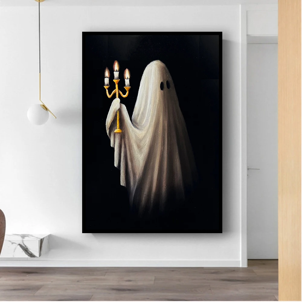

Vintage Black And White Oil Painting Halloween Little Ghost Candlestick Wall Decor Canvas Picture Home Bedroom Decoration