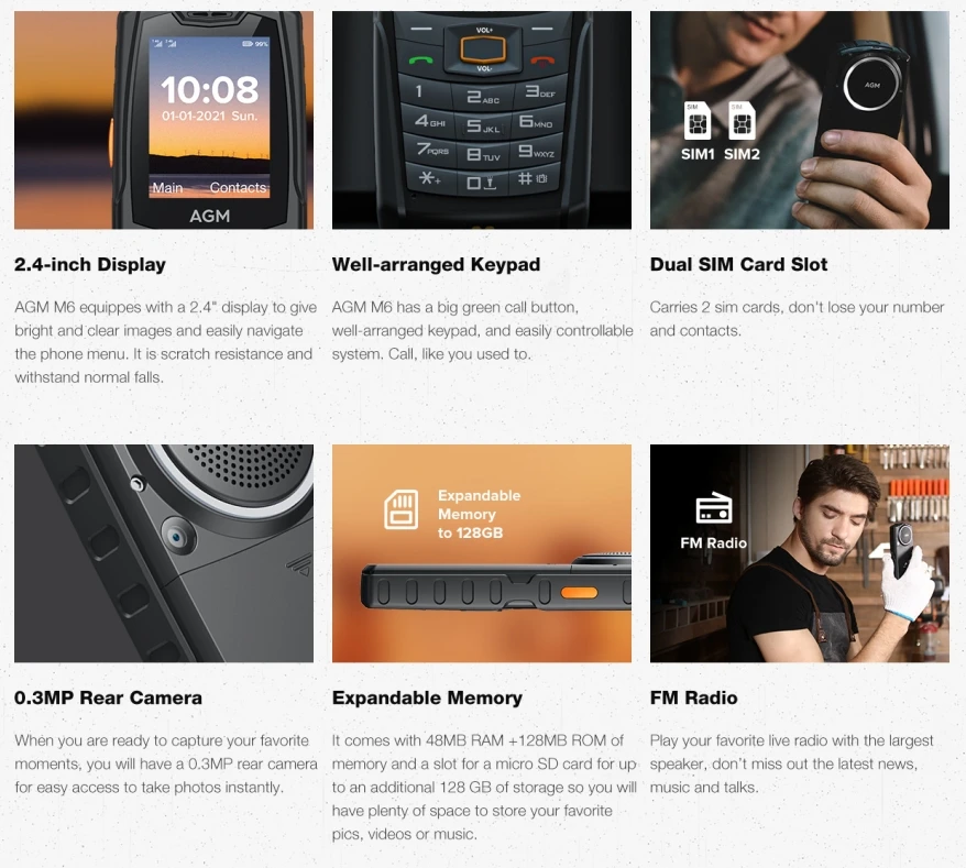 Мини-телефон Agm M6 Cpu T107 120 Гц 2 4 дюйма 4G кнопка вызова тройная защита 48 МБ ОЗУ 128 Мб