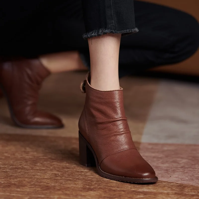 Women  Ankle Boots European Style Short Boots Cowhide Thick Heels Classic Pleated Shoes Woman Autumn Spring Ladies Daily Shoes