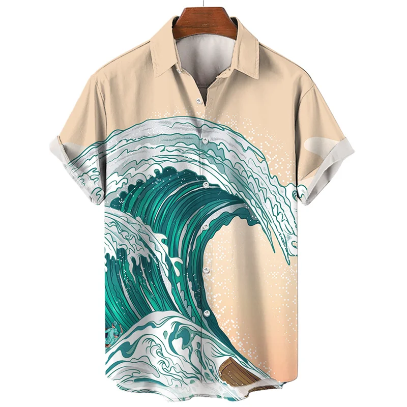 Men's Summer Social Casual Floral Oversized Hawaiian Short Sleeve Shirt High Quality Luxury The Waves Cartoon Fashion Clothes