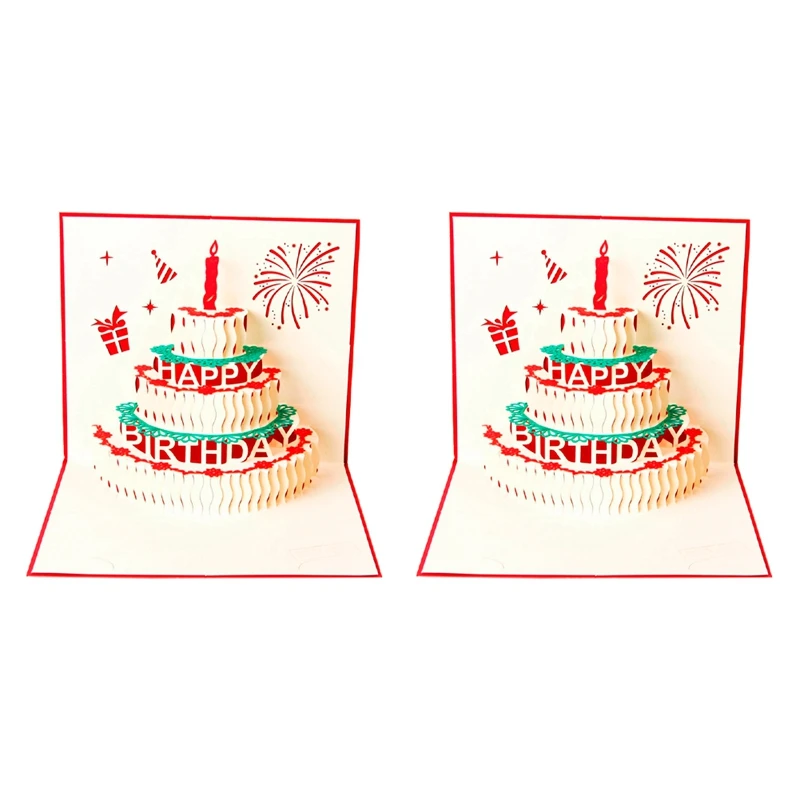 

3X Happy Birthday Postcard Greeting Gift Cards Paper 3D Handmade Up Laser Cut Vintage Cake With Envelope Red