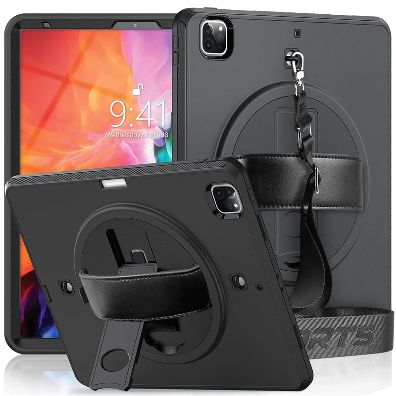 

Shoulder Strap Full Protection Case For Apple iPad Pro 12.9 2021/2020 Tablet Cover Build-in Stand Portable Anti-fall Shockproof