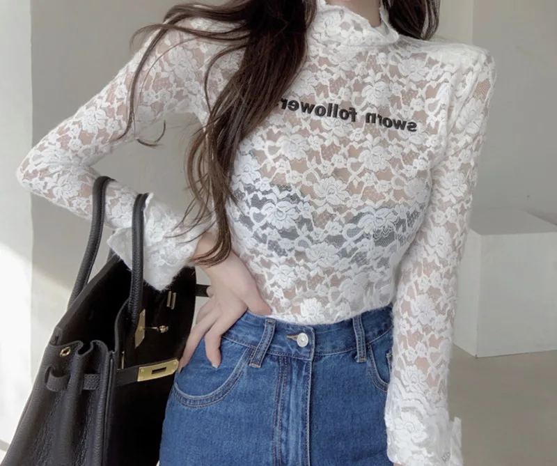 Women's Blouse Half High Collar Lace Autumn And Winter Design Sense Of Embroidery Letter Tight Outside Rachel | Женская одежда