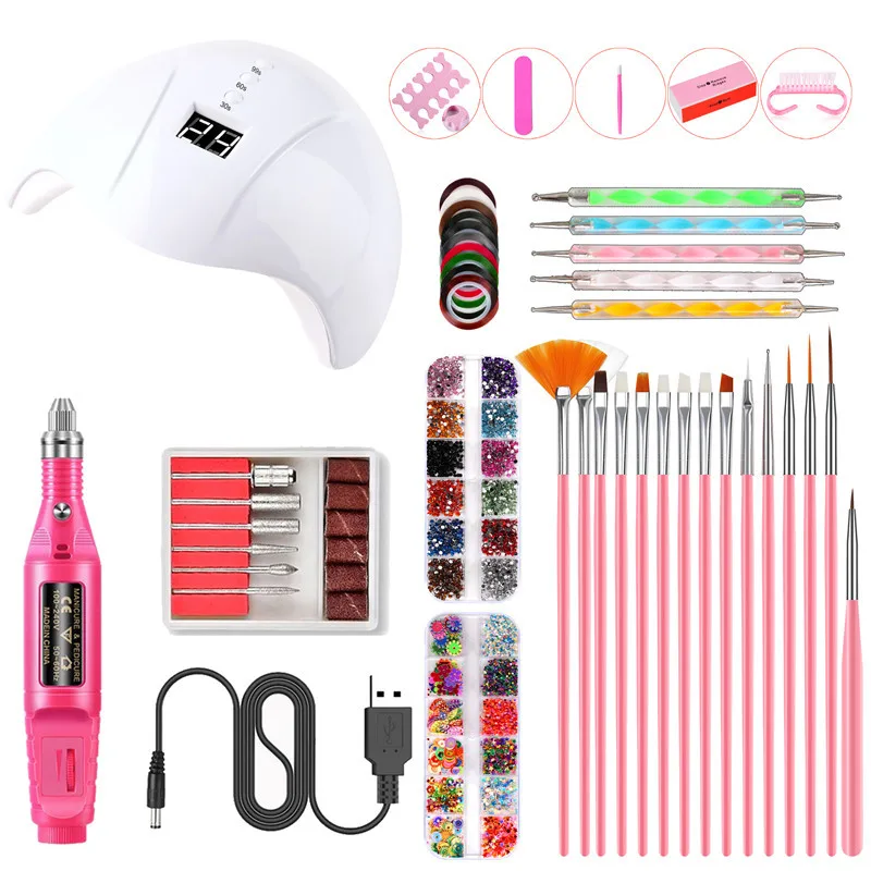 

ALL IN Nail Sets UV LED Lamp Dryer With Electric Drill Machine Nail File Nails Brushes Dried Flowers Rhinestones Polishing Strip