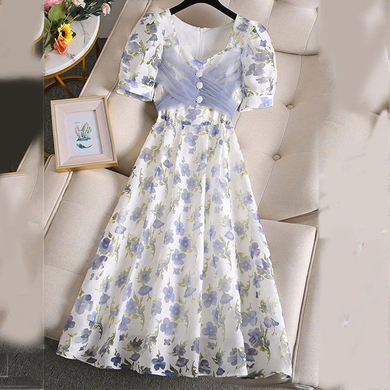 

2023 Women Lace Up Floral Print Long Dress Korean Fashion Elegant V-Neck Loose A-Line Dress Plus Size Short Sleeve Chiffon Dress