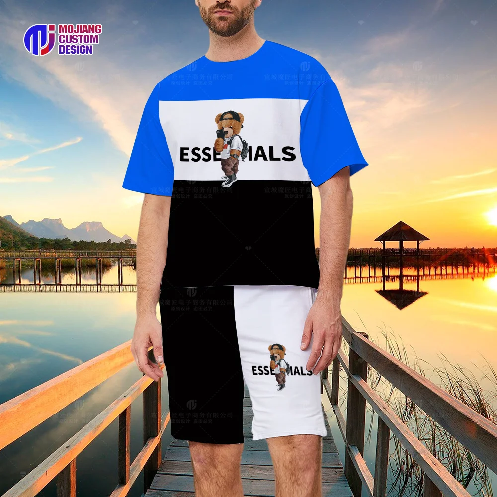 2023 Summer Colorblock T-Shirt and Shorts Set Luxury Brand Short Sleeve Men's Brand Bear Print Top T-Shirt Set of 2