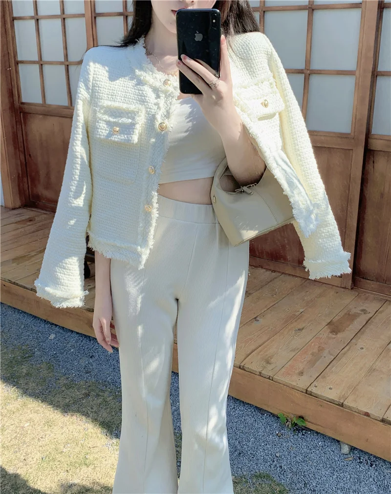 

BULOCHOVA New Autumn Women Vintage Solid Tweed Woolen Short Jacket Coat Single Breasted Casual Tassel Crop Top Outwear Female