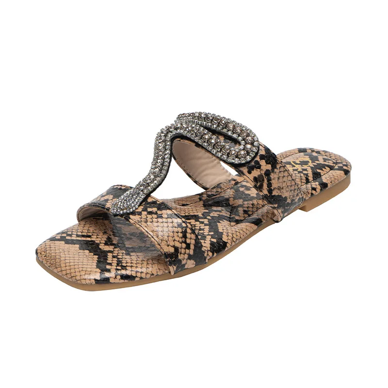 Women Slides New Snakeskin Rhinestone Flat Bottom Slippers Female Summer Slippers Square Toe Hollow Sandals Fashion Shoes