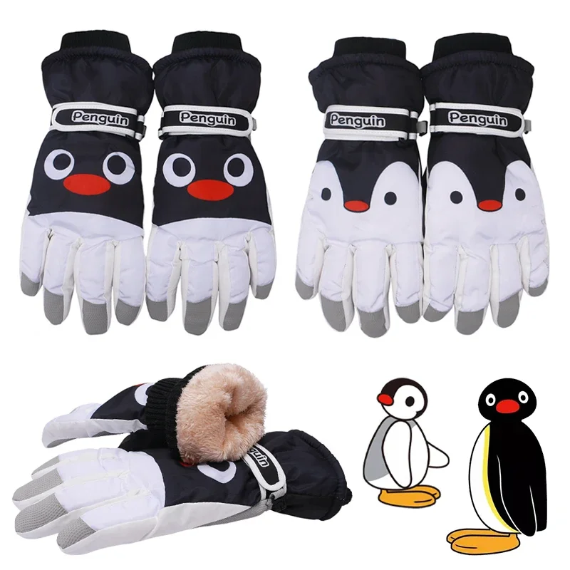 Фото Pingu Pinga мужские и женские зимние лыжные перчатки, водонепроницаемые перчатки для сноуборда с героями мультфильмов, мотоциклетные перчатки для езды на снегу, теплые ветрозащитные перчатки №1