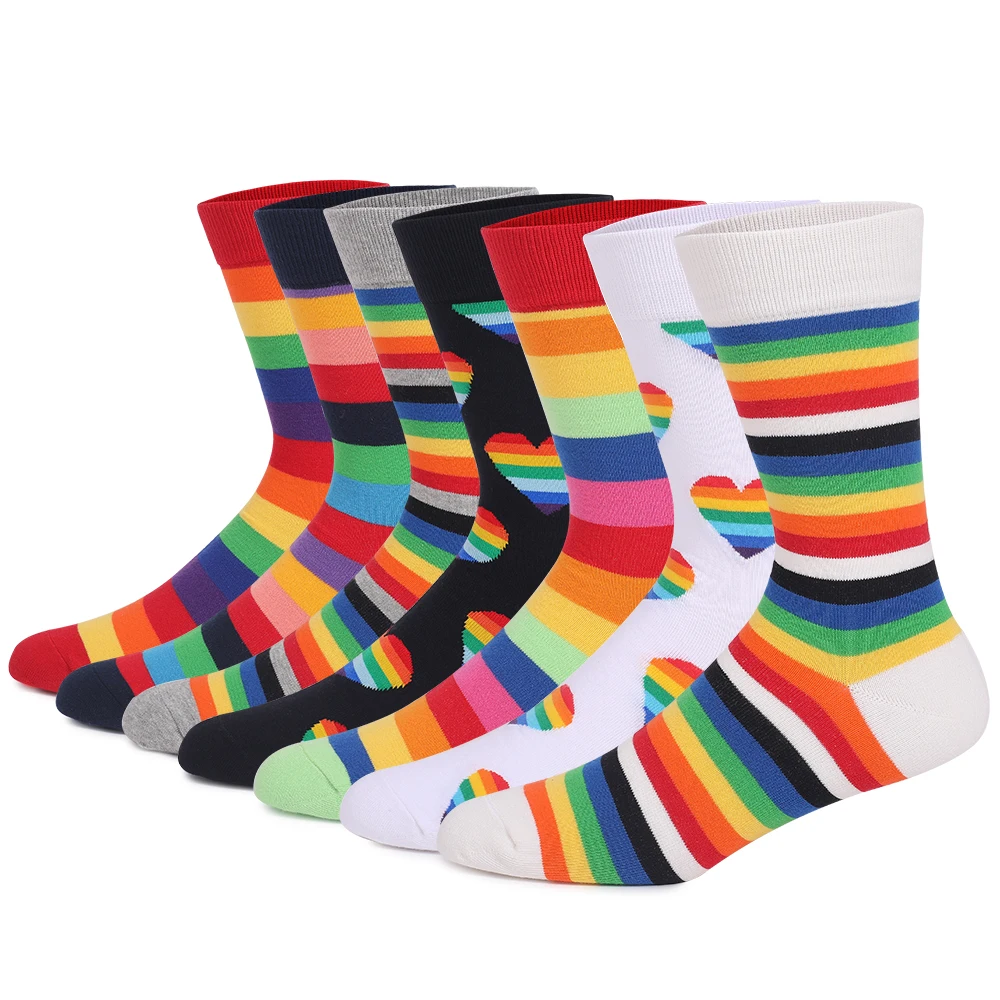 2021 New Style Fashion Long Women and Men Cotton Socks Gay Lesbian Rainbow Larger Size Stripe Socks for Men Size 41-48