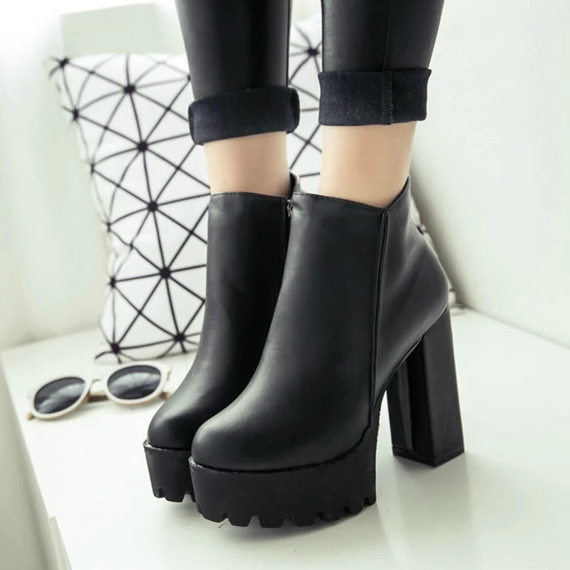 

comemore Fashion New Women's Zipper Ankle Rubber Boots for Women Platform Shoes Thick Super High Heels Autumn Black Boot Female