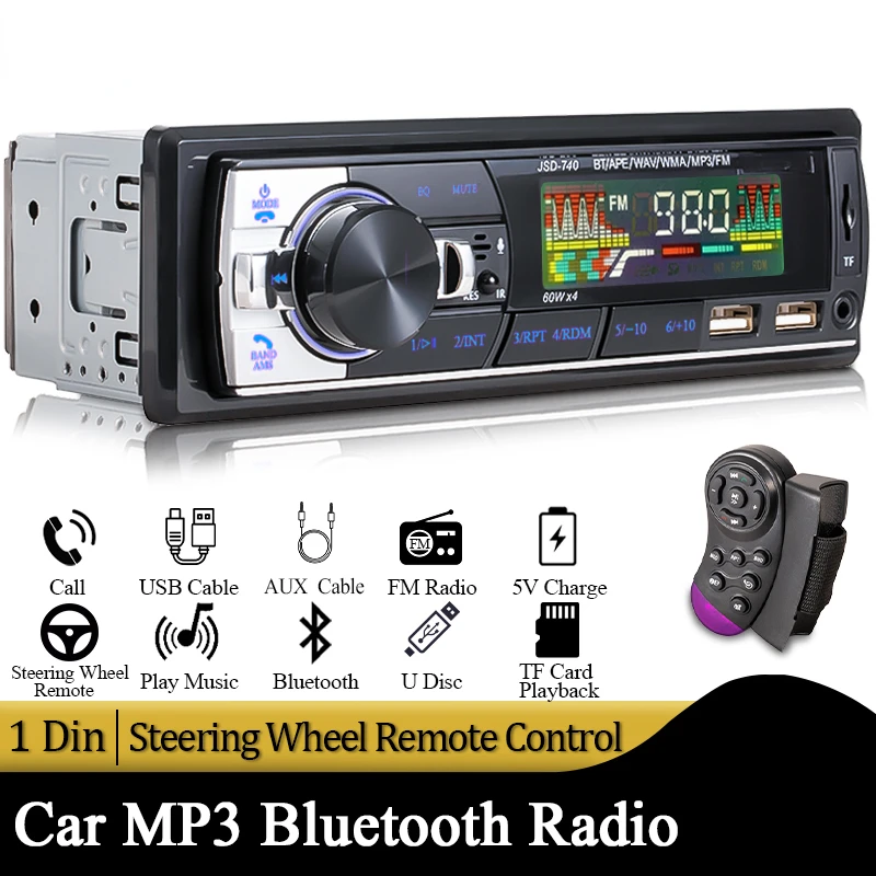 

Автомагнитола 1DIN, Bluetooth, стерео mp3-плеер, FM-приемник 60Wx4 с дистанционным управлением, AUX/USB/TF карта в комплекте